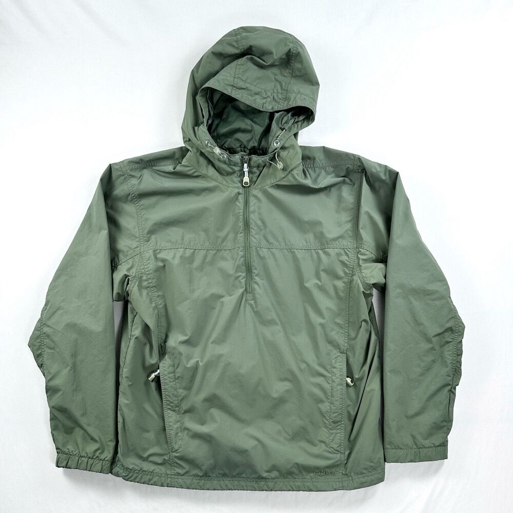 LL Bean Anorak Mens Large Green Half Zip Hooded Windbreaker Jacket Softshell VTG